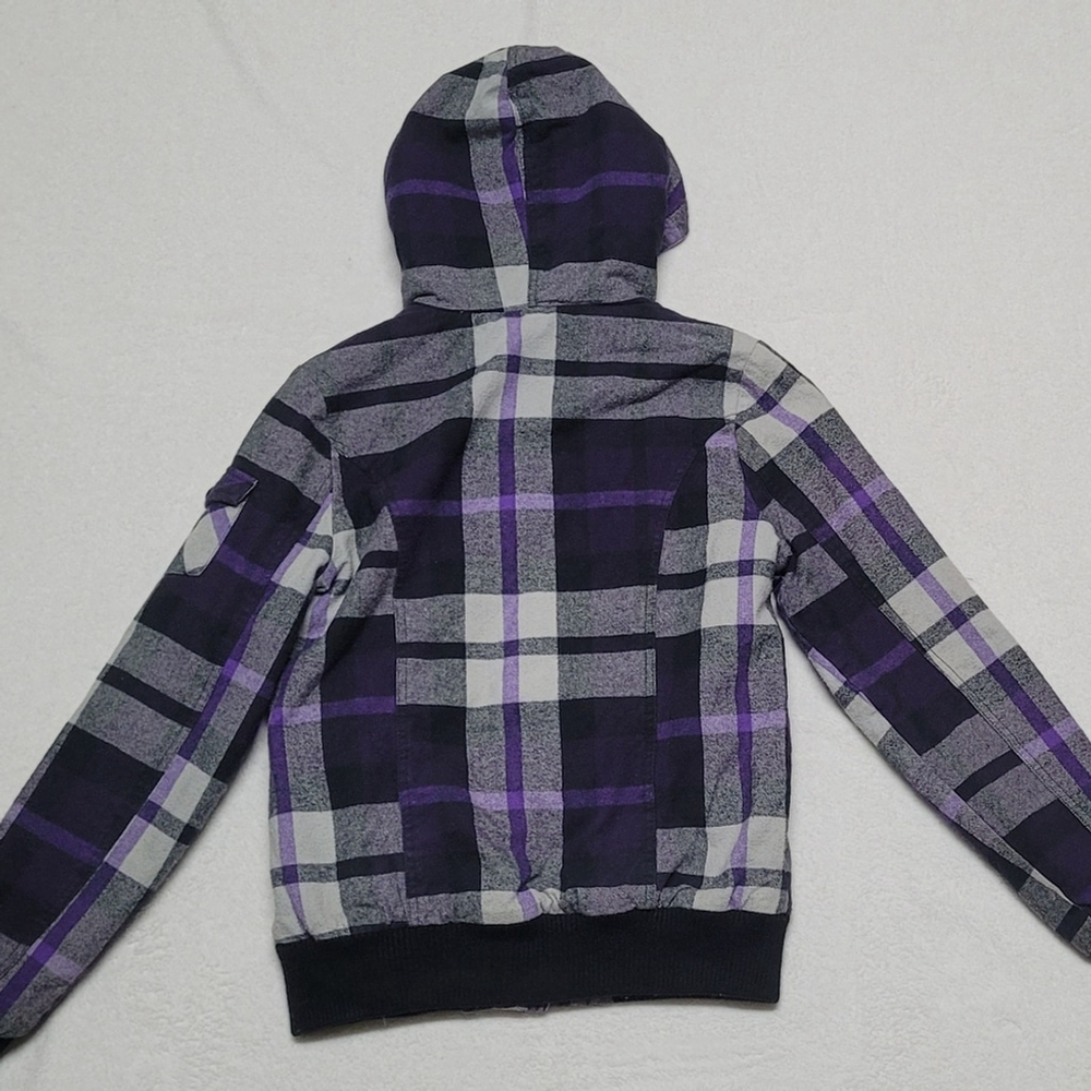 Fox Vintage Y2K Purple Plaid Flannel Black Faux Fur Lined Hooded Bomber Jacket - Picture 8 of 11